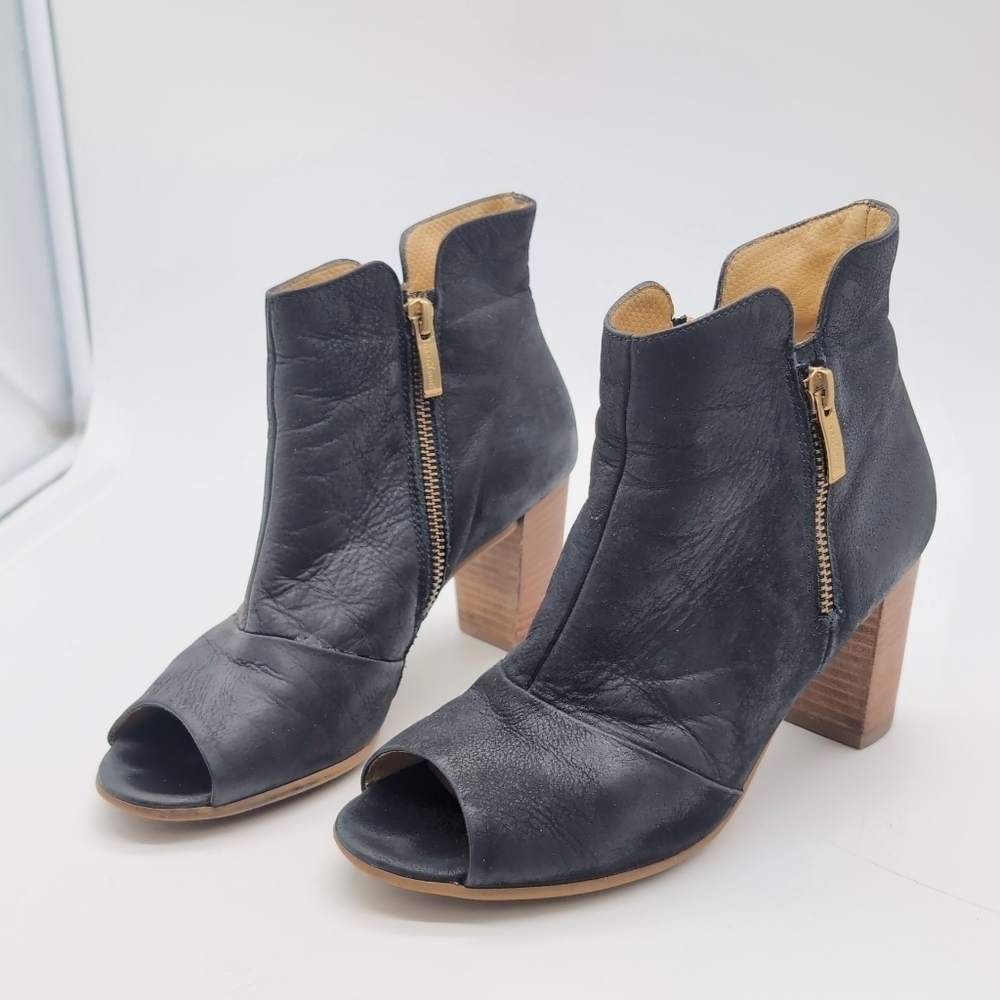 Paul Green Bellini Sz 8 Black Leather Peep-Toe Ankle Boots Stack Heel